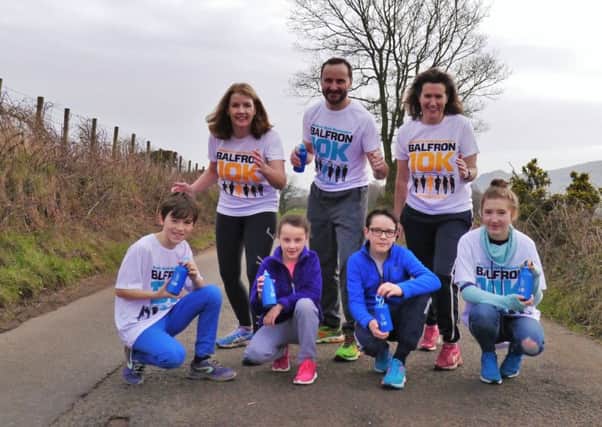 Balfron 10K committee members Julie Ross, Ben Mathieson and Olivia Spencer, with front, Alexander and Olivia Mathieson and Laurie and Lily-Belle Mohaupt