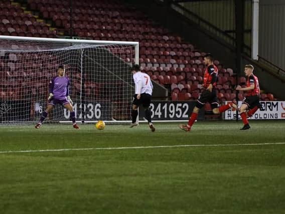 Jack Boyle scores Clyde's first goal against Elgin City (pic by Craig Black Photography)