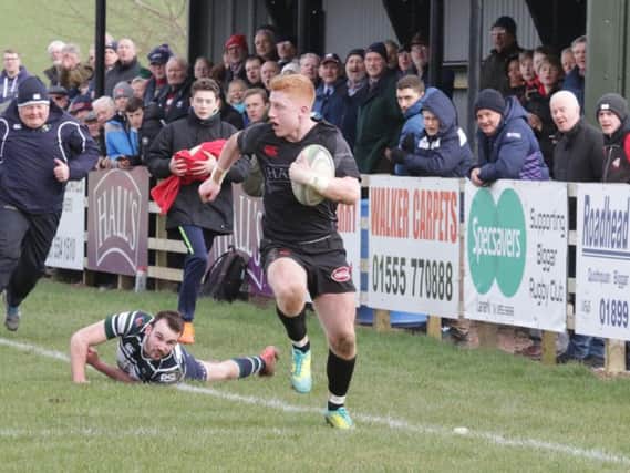Matthew Stewart scores a try for Biggar against GHK in his final match for the club this season before heading off for New Zealand (Pic by Nigel Pacey)