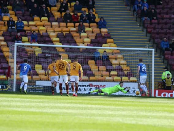 Motherwell keeper Mark Gillespie saves Liam Craig's first half penalty for St Johnstone (Pic by Ian McFadyen)