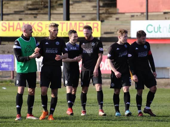 Clyde celebrate at time-up after their win at Albion Rovers