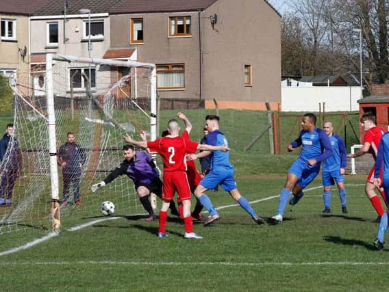 Carluke Rovers Dominic Chiedu scores in the 8-0 rout of Ardeer Thistle (Pic by Kevin Ramage)
