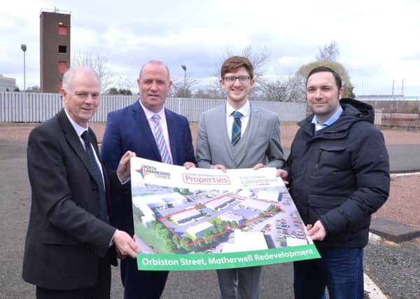 Pictured at the development site in Orbiston Street, Motherwell, are (l-r)  Councillor Allan Graham, David Baird (NL Properties), Fraser Morrison (Young Enterprise Scotland) and Ross Brand (New College Lanarkshire)