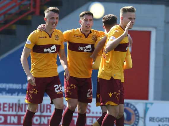 David Turnbull (1st left) celebrates with team-mates after opening scoring against Accies (Pic by Ian McFadyen)