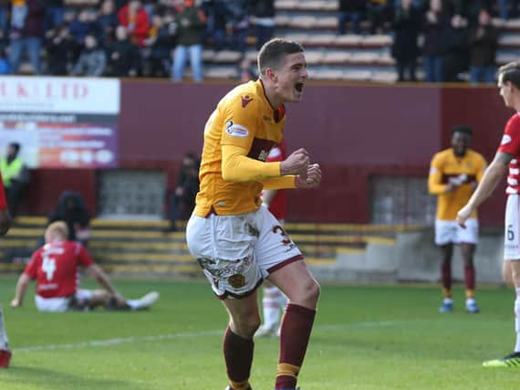 Jake Hastie celebrates scoring in Motherwell's 3-0 home win over Hamilton on March 9 (Pic by Ian McFadyen)