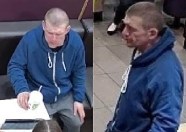 The man police want to speak to in connection with an incident at Paddy Power in Moltherwell