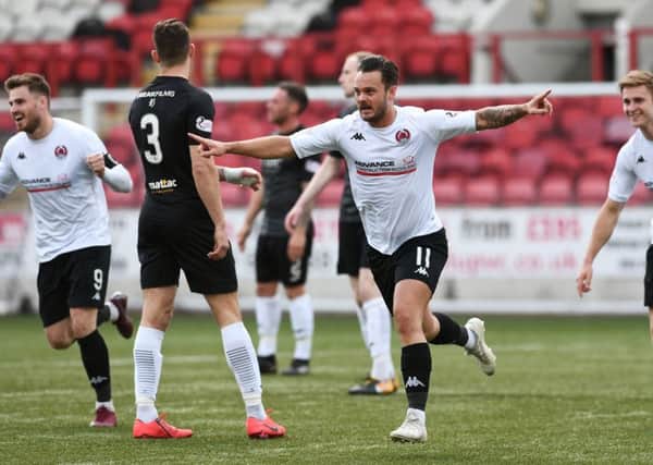 Ally Love celebrates after putting Clyde two up against Edinburgh City (pic: John Devlin)