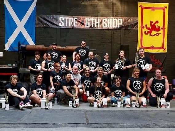 A record number of entrants including Steph Dekker (front, third from left) contested this years Scotlands Strongest Woman contest (Pic courtesy of Strength Shop, Motherwell)
