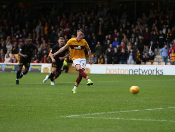 David Turnbull puts Motherwell 3-0 up from the penalty spot against Livingston (Pic by Ian McFadyen)