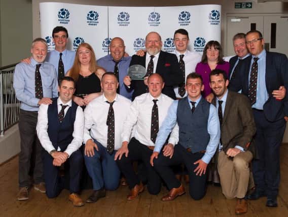 The delighted Biggar Rugby Club party celebrate their stunning success which was announced in Edinburgh (Pic courtesy of SRU)