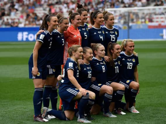 Christie Murray (front, second left) in Scotland lineup which lost 2-1 to England on Sunday (Pic by Christophe Simon/Getty Images)