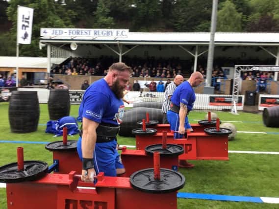 Scott Milne in action in the 320kg Frame Carry event at Scotland's Strongest Man