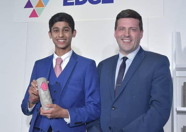 Suhit Amin (18),  the youngest ever winner of a Scottish EDGE Award, with Scottish Government Business Minister Jamie Hepburn MSP (Photo: Sandy Young)