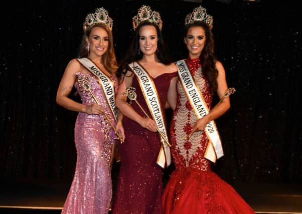 Miss Grand Scotland Freya Taylor (centre) with fellow winners Emma Davies (Wales) and Ashleigh Wild (England). Pic: Brian Hayes