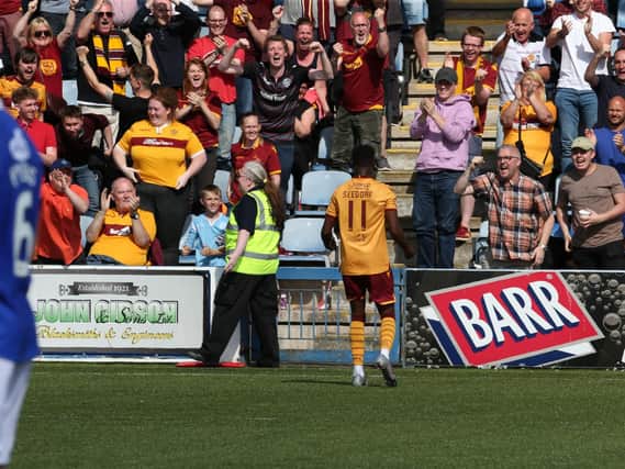 Sherwin Seedorf celebrates with fans after putting Motherwell 2-0 up (Pic by Ian McFadyen)