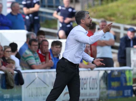 Motherwell gaffer Stephen Robinson encourages his troops at Queen of the South (Pic by Ian McFadyen)