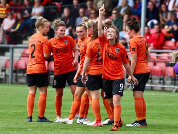 Kirsty Howat celebrates after scoring against Hibernian (pic: Tommy Hughes)