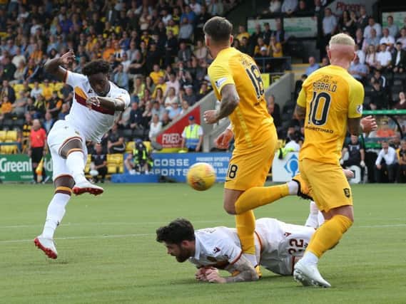 Devante Cole unleashes a shot at goal during Saturdays 0-0 draw at Livingston (Pic by Ian McFadyen)