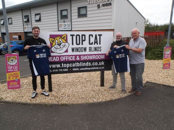 Wilson McMillan of Campsie Minerva with Tony and Dean Carr of club sponsors Top Cat Window Blinds