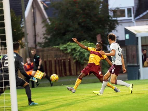 Sherwin Seedorf failed to take this scoring chance in the first half against Hearts on Friday (Pic by Ian McFadyen)