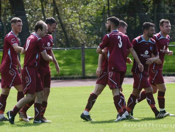 Cumbernauld celebrate a goal at Whitletts last Saturday (pic; Morwood Photography)