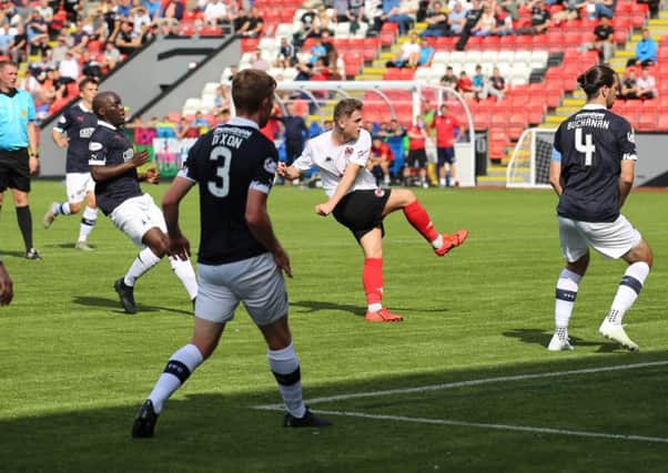 Mark Lamont scores Clyde's winner against Falkirk (pic by Craig Black Photography)