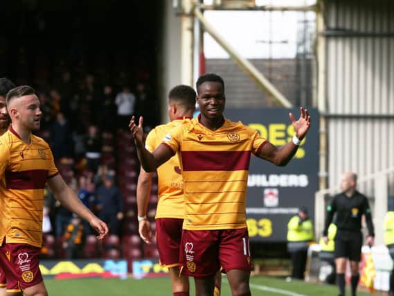 Motherwell's Sherwin Seedorf celebrates after scoring the opener against Hibs on Saturday (Pic by Ian McFadyen)