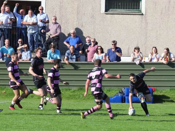 To the delight of the Hartreemill crowd, Biggars Mark Bertram touches down to score against Ayr on Saturday (Pic by Nigel Pacey)
