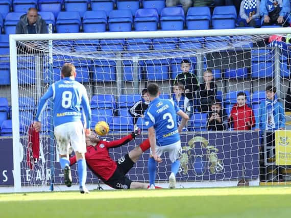 Mark Gillespie saves Scott Tanser's penalty (Pic by Ian McFadyen)
