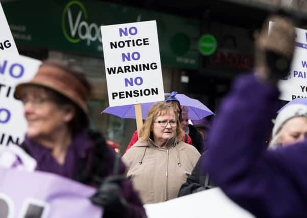 John Devlin 08/03/2018. GLASGOW. 
Glasgow WASPI group mark International Women's Day today by campaigning on the streets of Glasgow city centre.

A series of events will take place throughout the day to raise awareness of state pension inequality.

The day includes a presence at the opening of the Mary Barbour Statue in Govan, where many of their forebears campaigned for the introduction of the Rent Act.

This will be followed by a procession of 100 WASPI women through Glasgow city centre, leaving Shuttle Street at 1pm, marching along Argyle Street and back to George Square.
There the group hope to start the WASPI tree, where each woman affected ties on a purple ribbon and for those who have passed on the group will have purple and white ones.

This will be a visual representation of how much money the Government has retained due to the changes and the â¬Ümagic money treeâ¬".

Later at 6pm the Glasgow group will be joined outside the Scottish Hydro - which is being lit up Purple for WASPI - with members from