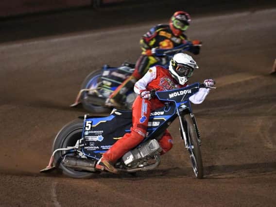 Rasmus Jensen leads one of the races at Leicester (pic by George Mutch)