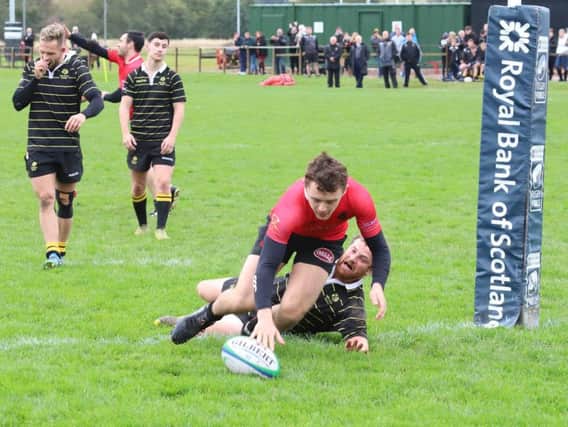 Rowan Stewart touches down for Biggars bonus point try against Melrose on Saturday (Pic by Nigel Pacey)