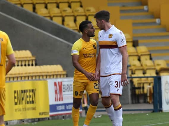 Action from the season opening 0-0 draw between Livingston and Motherwell. Can you name the Motherwell player pictured? (Pic by Ian McFadyen)