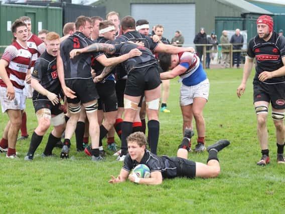 Luhann Kutze scores Biggars first try against Watsonians on Saturday (Pic by Nigel Pacey)