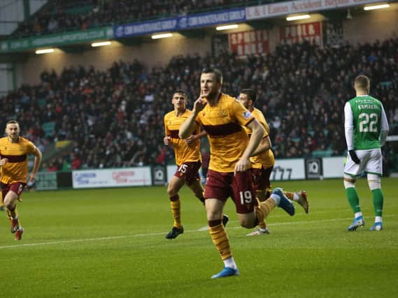 Liam Polworth celebrates putting Motherwell 1-0 ahead at Easter Road on Saturday (Pic by Ian McFadyen)