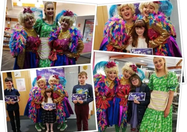 Competition winners Anna, Lyla, Joe and Ethan with Cinderella, played by Ava Anderson, and the Ugly Sisters, Ciara Flynn and Rebekah Johnstone.