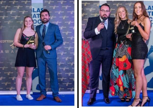 Left photo: Jess Buchanan with Jamie Frail, Head of Domestic Game for Scottish Hockey and  Right: Gavin Wallace, Kaz Cuthbert and Ava Smith