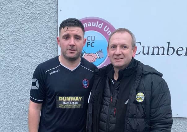 Cumbernauld United skipper and man of the match Tony Stevenson with sponsor Grant Law after their 4-0 win over Whitletts Victoria