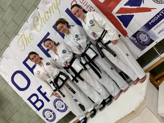 Scotia TKDs Hollie Waddell (1st right) with fellow competitors at British Open in Crawley (Submitted pic)