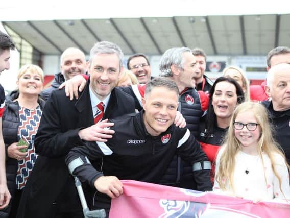 David Dishon celebrating with John Rankin after Clyde's promotion success in May (pic Craig Black Photography)