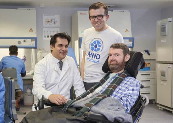 Dr Suvankar Pal, Neurologist and MND-SMART Co-Investigator; Lawrence Cowan, chair of MND Scotland; and Euan MacDonald, who is living with MND and co-founder of the Euan MacDonald Centre for MND Research. (Photograph: MAVERICK PHOTO AGENCY)
