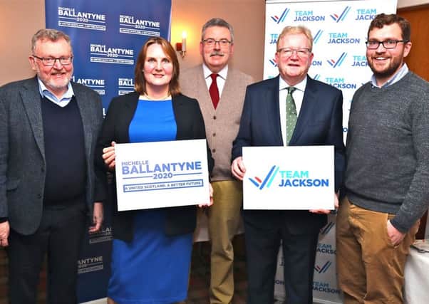 Scottish Conservatives' leadership election candidates Michelle Ballantyne, second from left, and Jackson Carlaw, fourth from left, at the Moffat hustings on Saturday with (left to right): David Mundell, MP, meeting chairman Charles Milroy and Oliver Mundell, MSP