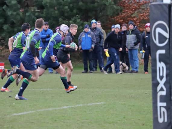 Andy Jardine outsprinting the Boroughmuir defence to score the first try on Saturday (Pic by Nigel Pacey)