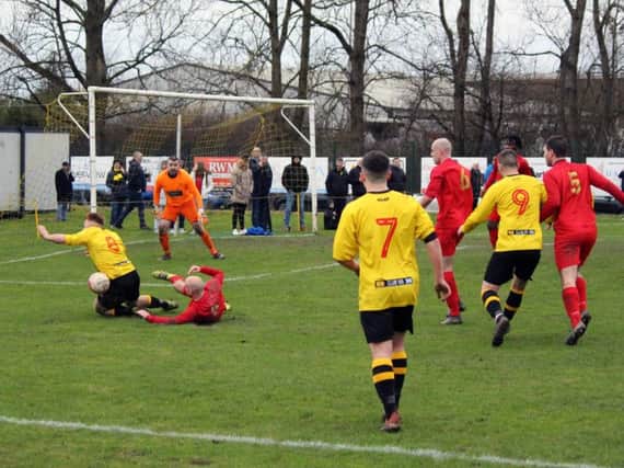 Bellshills Savarese is brought down against Carluke (Pic by Brian Closs)