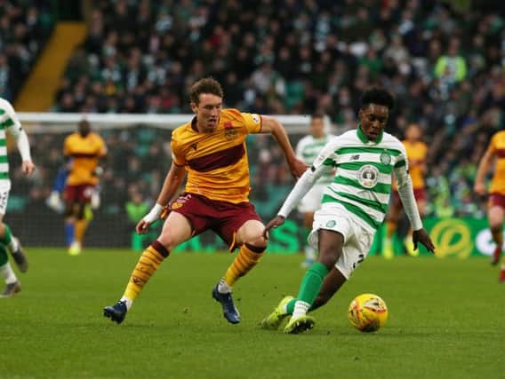 Chris Long of Motherwell challenges Celtic's Jeremie Frimpong during the side's last meeting, a 2-0 win for Celtic at Parkhead on November 9 (Pic by Ian McFadyen)