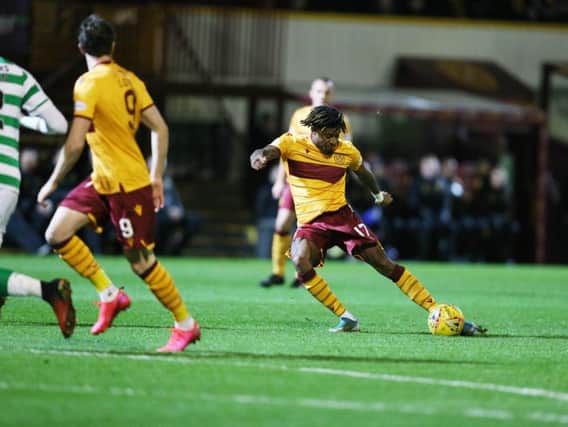 Rolando Aarons unleashes a shot for Motherwell against Celtic (Pic by Ian McFadyen)
