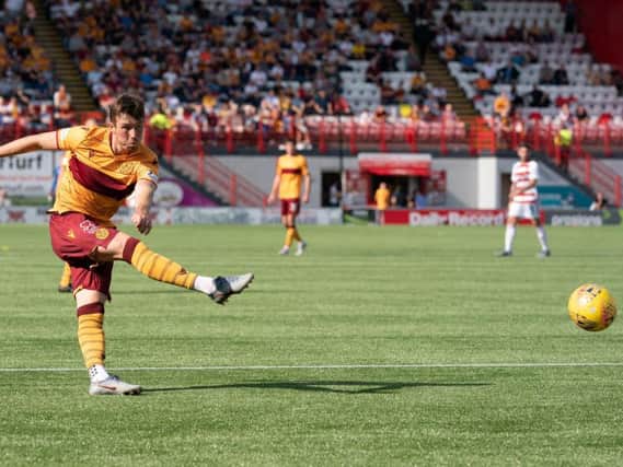 Chris Long rifles home Motherwell's third goal in a 3-1 league success at Hamilton Accies on August 24 (Pic by Ian McFadyen)